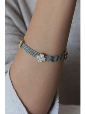 E-Bijuteri Çelik Gümüş Renk Hasır Model Yonca Figür Zirkon Taş Detay Kadın Bileklik