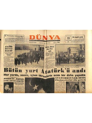 Gökçe Koleksiyon Dünya Gazetesi 11 Kasım 1963 - Bütün Yurt Atatürkü Andı  GZ80594