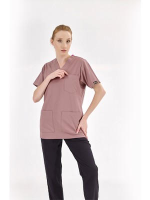 Çizgi Medikal Silva Lüks Likra Kumaş Doktor Hemşire Tek Üst Forma Gül Kurusu