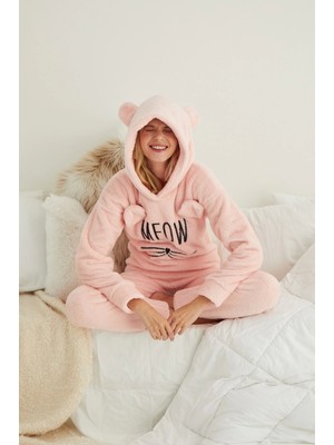 Pijamoni Polar Meow Kapşonlu Pijama Takımı-Somon