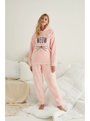 Pijamoni Polar Meow Kapşonlu Pijama Takımı-Somon