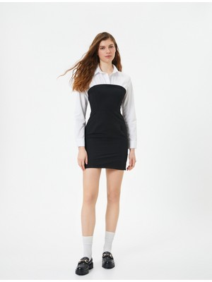 Koton Gömlek Detaylı Mini Straplez Elbise Slim Fit Uzun Kollu