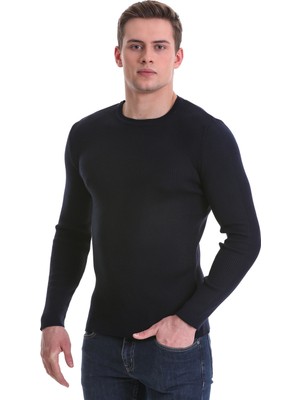 Hatem Saykı Lacivert Slim Fit Fitilli Bisiklet Yaka Yünlü Triko Kazak