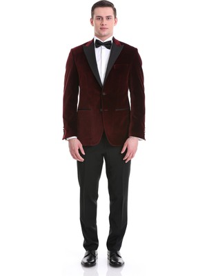 Hatem Saykı Bordo Slim Fit Düz Sivri Yaka Kadife Klasik Smokin Damatlık