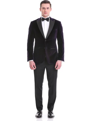 Hatem Saykı Mor Slim Fit Düz Sivri Yaka Kadife Klasik Smokin Damatlık