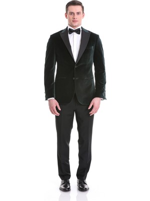 Hatem Saykı Yeşil Slim Fit Düz Sivri Yaka Kadife Klasik Smokin Damatlık