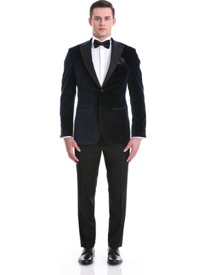 Hatem Saykı Lacivert Slim Fit Düz Sivri Yaka Kadife Klasik Smokin Damatlık