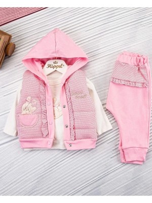 Hippıl Baby Hippil Baby Kız Çocuk Pudra Pembe Yelekli 3'lü Takım Özel Olaylı Şık ve Rahat Tasarım
