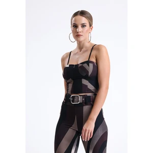 Gloplu Ottoman Desenli Büstiyer BUST35241 Kahve Bej Siyah Desenli