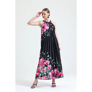 Piliseli Dijital Baskili Saten Elbise Elb34513 Siyah Çiçekli