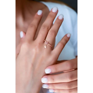 925 Ayar Gümüş Yüzük Pembe Ay Taşlı Yıldız Motifli Ayarlanabilir Kadın Yüzük