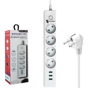 Akım Korumalı Priz Dörtlü Anahtarlı 2 mt 3 x Usb Wınnboss WN-3405