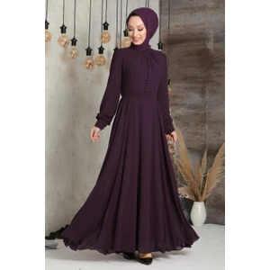 Neva Style Düğme Detaylı Mürdüm Tesettür Elbise 2703MU