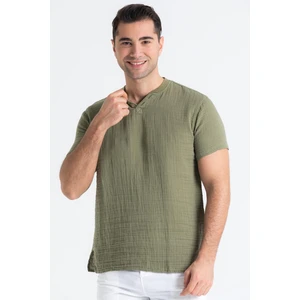 Eliş Şile Bezi Kısa Kol Müslin Erkek Ribanalı Tshirt Haki Hk