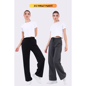 Siyah-Antrasit Mevsimlik Salaş Geniş Rahat Paça Yandan Cepli Kadın 2'li Eşofman Altı