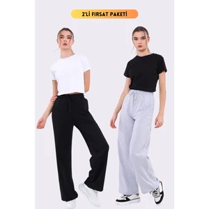 Siyah-Gri Mevsimlik Salaş Geniş Rahat Paça Yandan Cepli Kadın 2'li Eşofman Altı