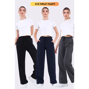Siyah-Lacivert-Antrasit Mevsimlik Salaş Geniş Rahat Paça  Yandan Cepli Kadın 3'lü Eşofman Altı