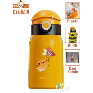 Cocosmile Özel Kutulu Kılıflı 470 ml Pipetli Çelik Termos -Boyun Askılı- 4 Farklı Model Cskılıflı