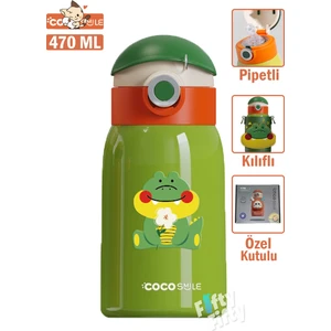Cocosmile Özel Kutulu Kılıflı 470 ml Pipetli Çelik Termos -Boyun Askılı- 4 Farklı Model Cskılıflı
