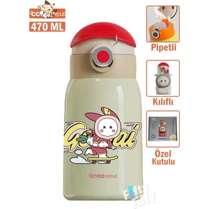 Cocosmile Özel Kutulu Kılıflı 470 ml Pipetli Çelik Termos -Boyun Askılı- 4 Farklı Model Cskılıflı