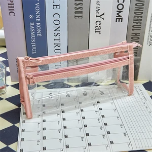 CCmoo Pretty Öğrenci Çift Katmanlı Fermuarlı Pvc Şeffaf Büyük Kapasiteli Taşınabilir Bölme Basit Kırtasiye 2 # Çift Katmanlı-Pembe Kalem Kutusu (Yurt Dışından)
