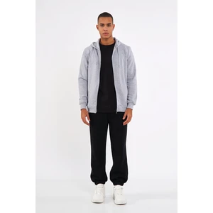 Gri Kanguru Cepli Kapüşonlu Fermuarlı İçi Pamuklu Erkek Sweatshirt