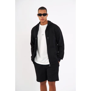 Siyah Kanguru Cepli Kapüşonlu Fermuarlı İçi Pamuklu Erkek Sweatshirt