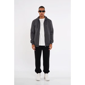 Antrasit Kanguru Cepli Kapüşonlu Fermuarlı İçi Pamuklu Erkek Sweatshirt