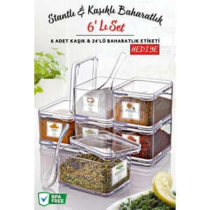 Nandy Home 6'lı Stantlı Kaşık ve Görselli Etiket Hediyeli Clear Baharatlık Seti