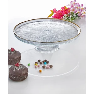 Cam Ayaklı Pasta Standı – Altın Yaldızlı Desen, 32 cm Çap, 10 cm Yükseklik, Şık Servis ve Sunum İçin