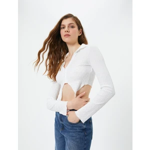 Crop Bluz Asimetrik Kesim Dokulu Slim Fit Uzun Kollu Gömlek Yaka