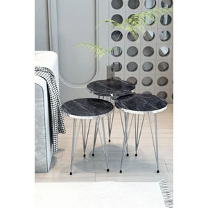 Mhrgroup Cma 3'lü Zigon Sehpa Gümüş Seri Yuvarlak Model,gümüş Metal Ayaklı Zigon Sehpa Seti Siyah Mermer Desenli