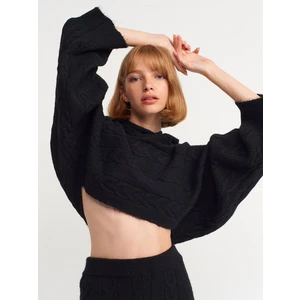 10459 Kapşonlu Kimono Kol Saç Örgü  Crop Kazak-Siyah