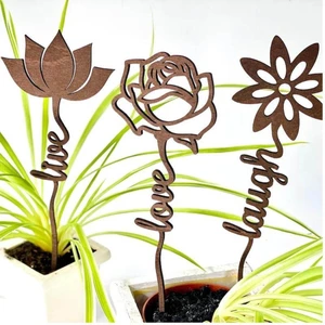 Dekoratif Üçlü Ahşap Çiçek Motifli Yazılı Saksı Dekoru Süs