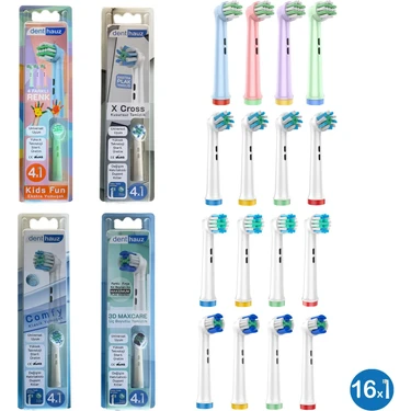 Denthauz Dev Set 16 Adet  Comfy + x Cross + 3D Maxcare + Kids Fun Oral-B Uyumlu Yedek Diş Fırçası