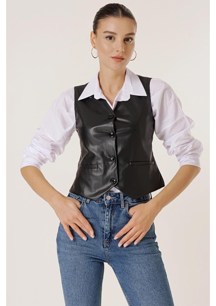 Önü Düğmeli Cepli Astarlı Deri Yelek