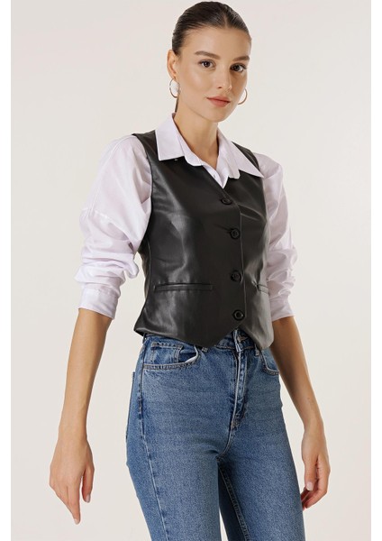 Önü Düğmeli Cepli Astarlı Deri Yelek fiyatları
