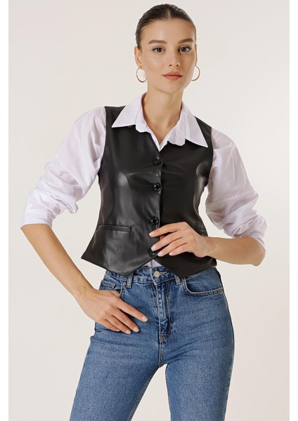 Önü Düğmeli Cepli Astarlı Deri Yelek modelleri