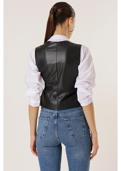 Önü Düğmeli Cepli Astarlı Deri Yelek fırsatları