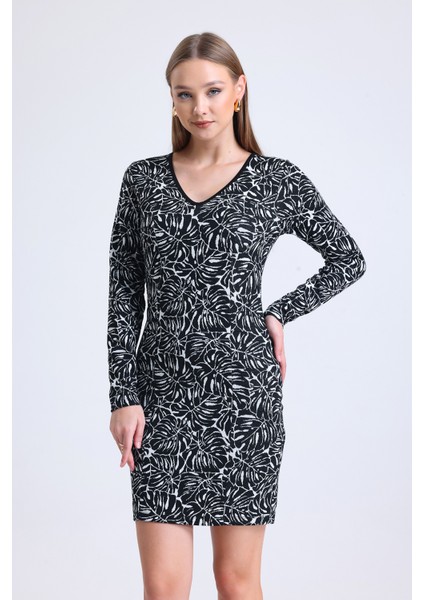 Uzun Kol Jakarlı Mini Elibise Elb35094