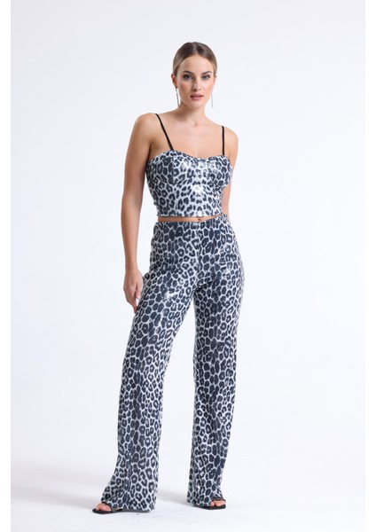 Geniş Paçalı Payet Pantolon | PNT32440 Siyah Gümüş Leopar fiyatları