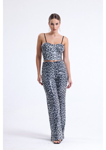 Geniş Paçalı Payet Pantolon | PNT32440 Siyah Gümüş Leopar modelleri