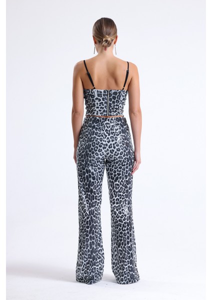 Geniş Paçalı Payet Pantolon | PNT32440 Siyah Gümüş Leopar indirimleri