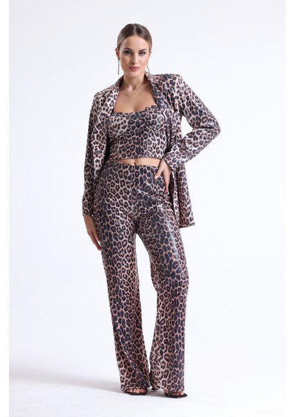 Geniş Paçalı Payet Pantolon | PNT32440 Kzıl Leopar