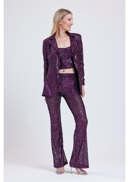 Astarlı Gizli Fermuarlı Zara Payet Pantolon | PNT32488 Mor