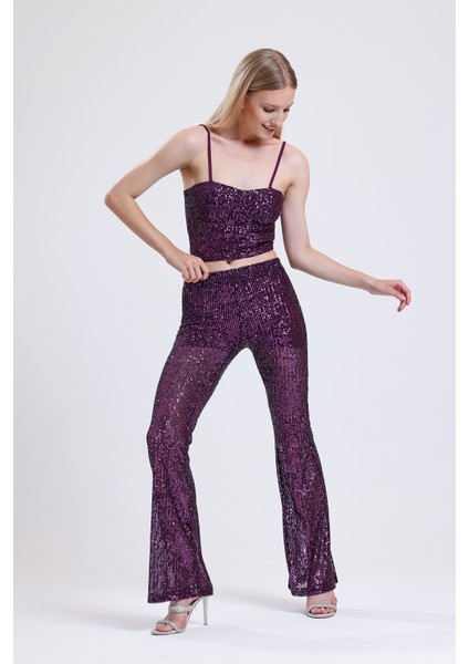 Astarlı Gizli Fermuarlı Zara Payet Pantolon | PNT32488 Mor fiyatları
