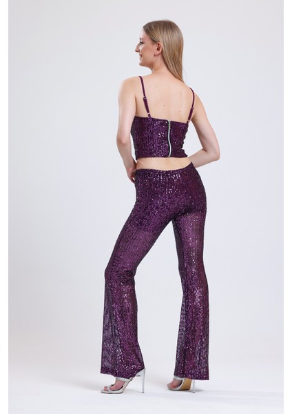 Astarlı Gizli Fermuarlı Zara Payet Pantolon | PNT32488 Mor indirimleri