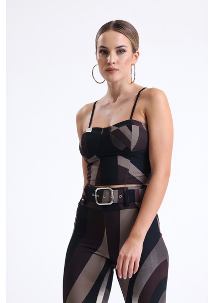 Gloplu Ottoman Desenli Büstiyer BUST35241 Kahve Bej Siyah Desenli