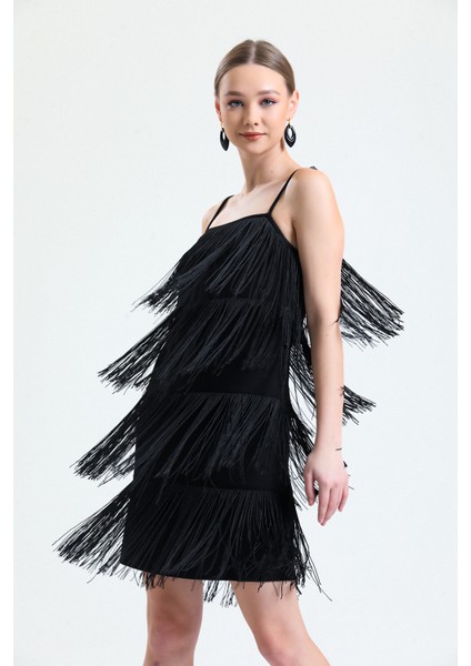 Ip Sacaklı Abiye Scuba Krep Mini Elbise | ELB34822 Siyah