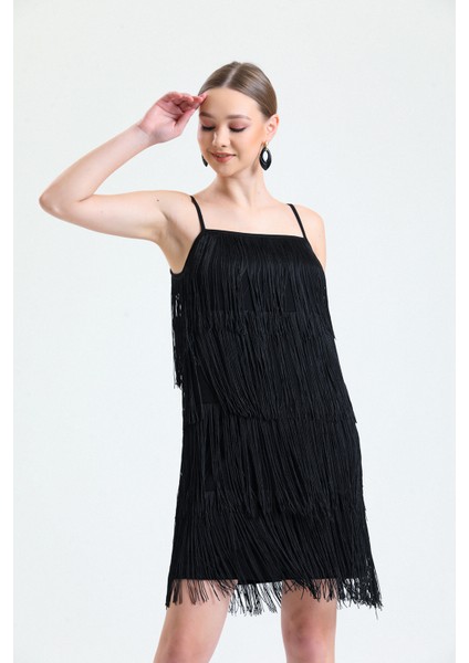 Ip Sacaklı Abiye Scuba Krep Mini Elbise | ELB34822 Siyah modelleri